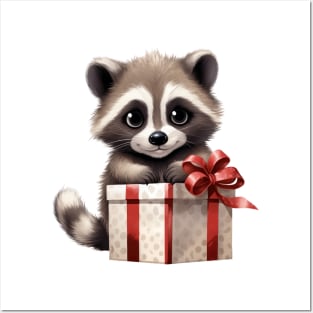 Baby Christmas Raccoon With Gift Posters and Art